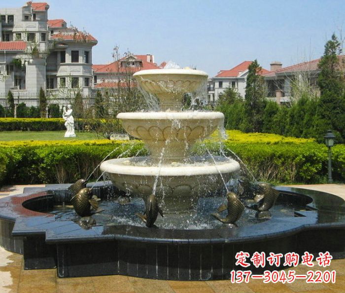 天津别墅景观多层鲤鱼喷泉石雕