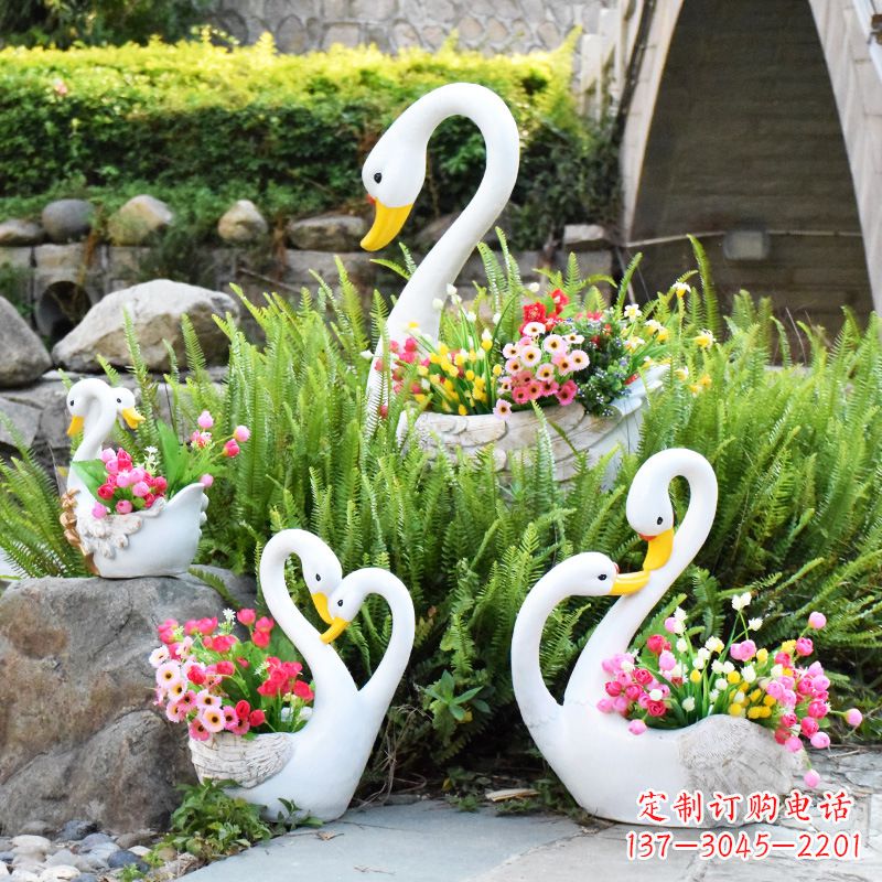 天津玻璃钢天鹅花盆雕塑