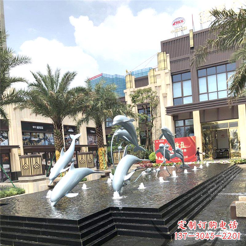 天津不锈钢海豚喷泉-城市企业街道睡觉景观雕塑