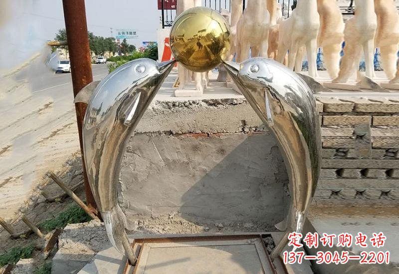 天津不锈钢海豚顶球雕塑