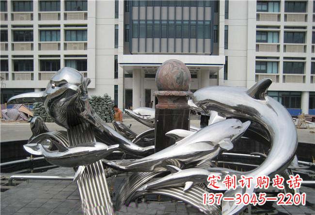 天津不锈钢浪花和海豚动物雕塑
