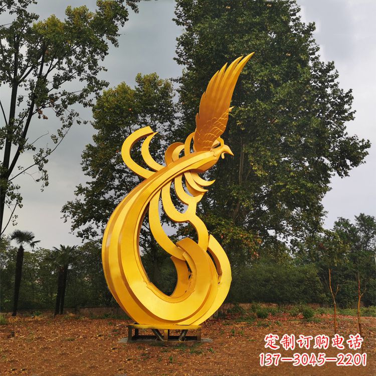 天津不锈钢凤凰雕塑黄金色园林之美
