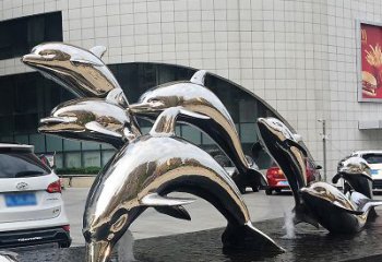 天津海豚雕塑点亮城市商场的不锈钢镜面水景