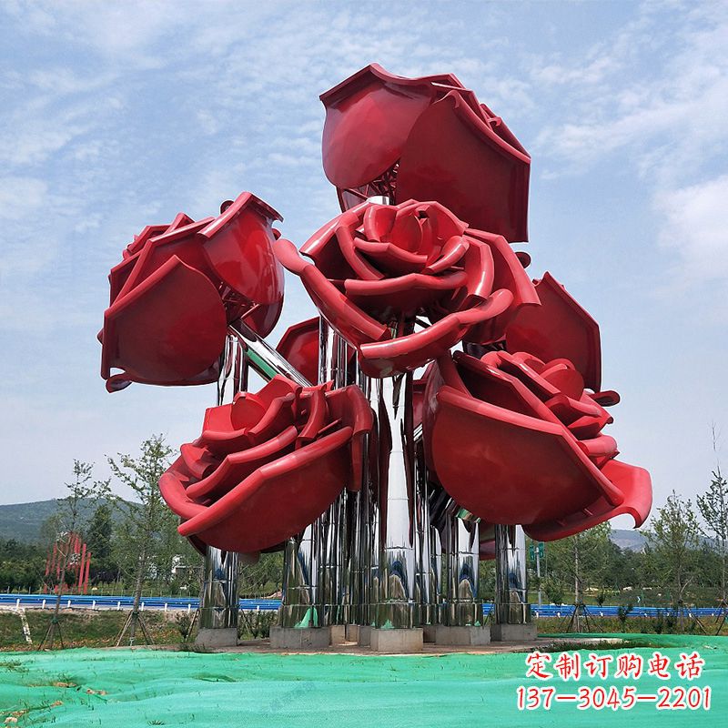 天津大型景区园林不锈钢玫瑰花景观雕塑