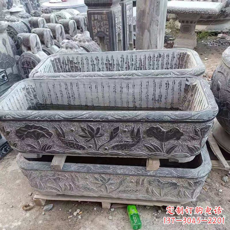 天津方形石槽雕塑,打造完美家庭养鱼石缸