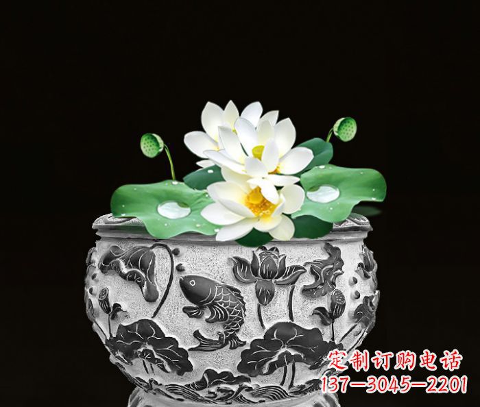 天津仿古荷花鲤鱼雕塑石水缸