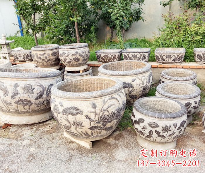天津仿古石雕鲤鱼浮雕水缸