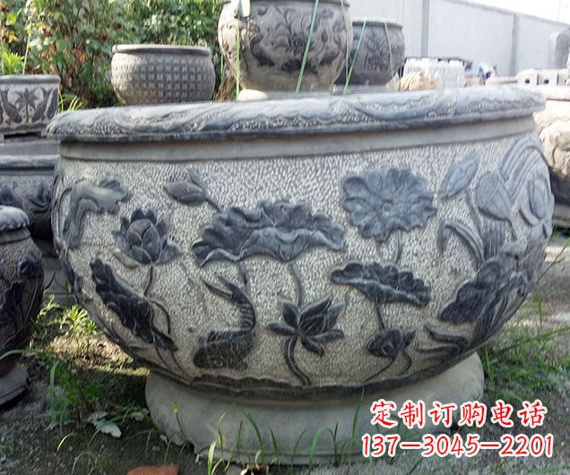 天津中领雕塑仿古荷花石浮雕水缸
