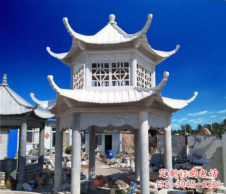 天津公园大理石六角石雕双层凉亭