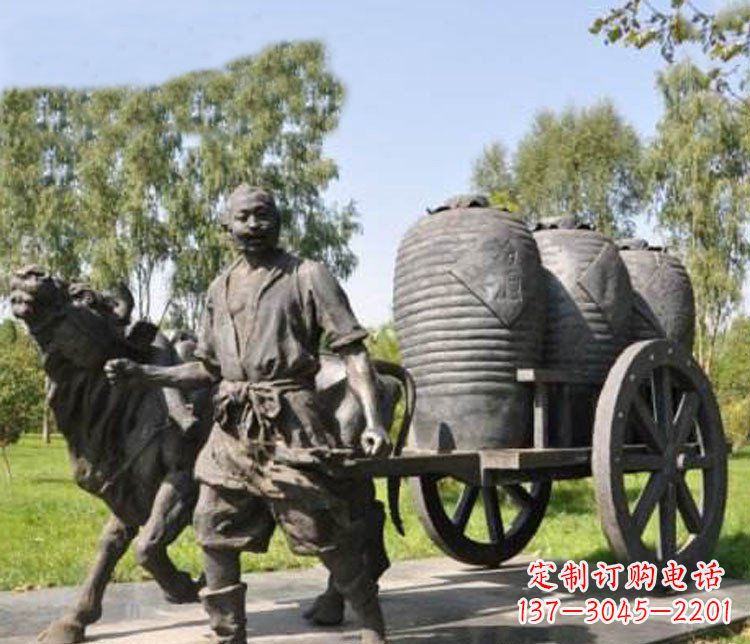 天津公园驾着牛车拉酒缸的古代人物小品铜雕