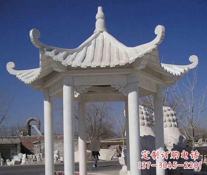 天津公园景观汉白玉六角石雕凉亭
