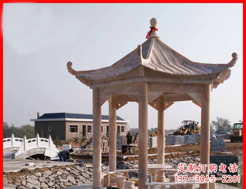 天津红六角石凉亭雕塑