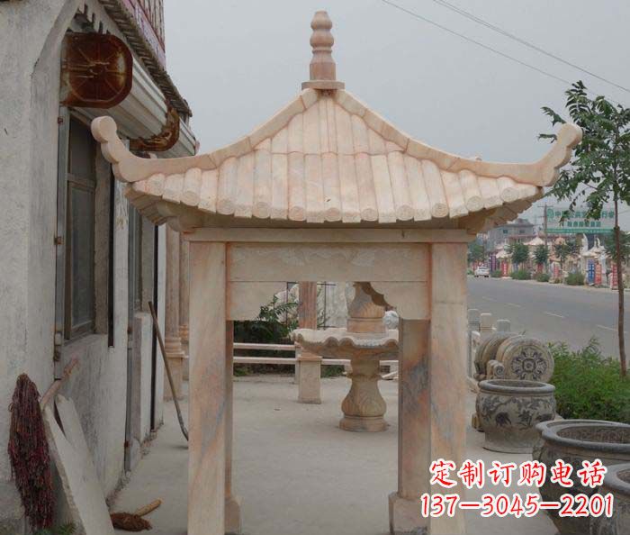 天津精美红六角石凉亭雕塑