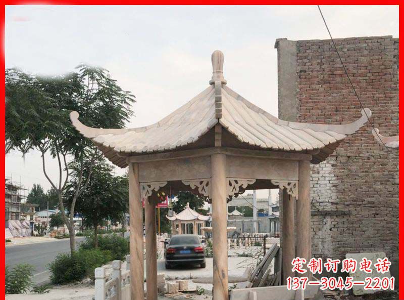 天津公园晚霞红六角石雕凉亭 (5)