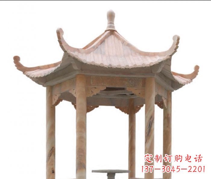 天津美丽而优雅的公园晚霞红六角石凉亭雕塑