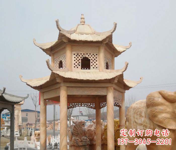 天津红双层六角石凉亭雕塑