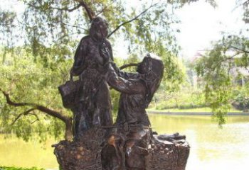 天津温馨铜雕公园里喂母亲吃荔枝的女孩