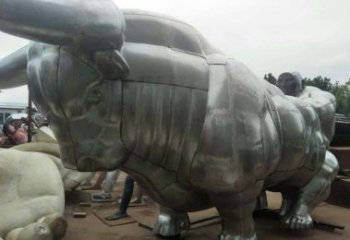 天津中领雕塑：复古拓荒牛不锈钢雕塑