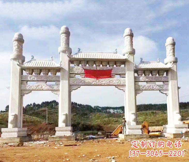 天津汉白玉三门牌坊石雕