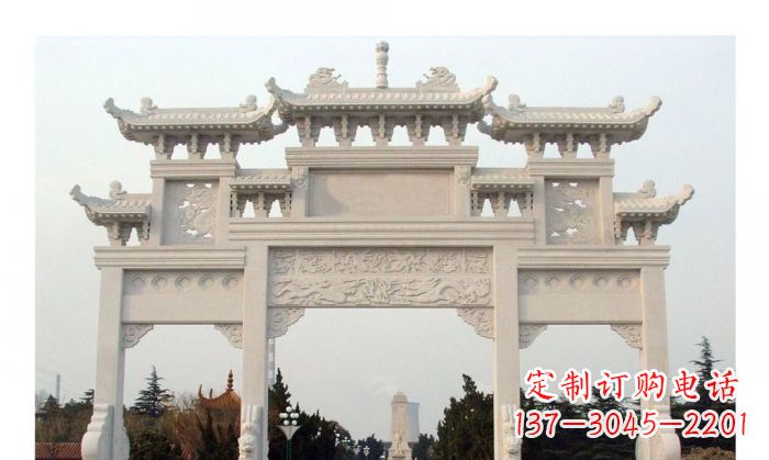 天津汉白玉三门牌坊石雕艺术品