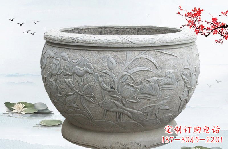 天津连年有余浮雕水缸石雕
