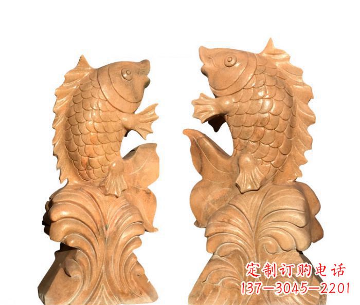 天津喷水鲤鱼晚霞红石雕 (3)