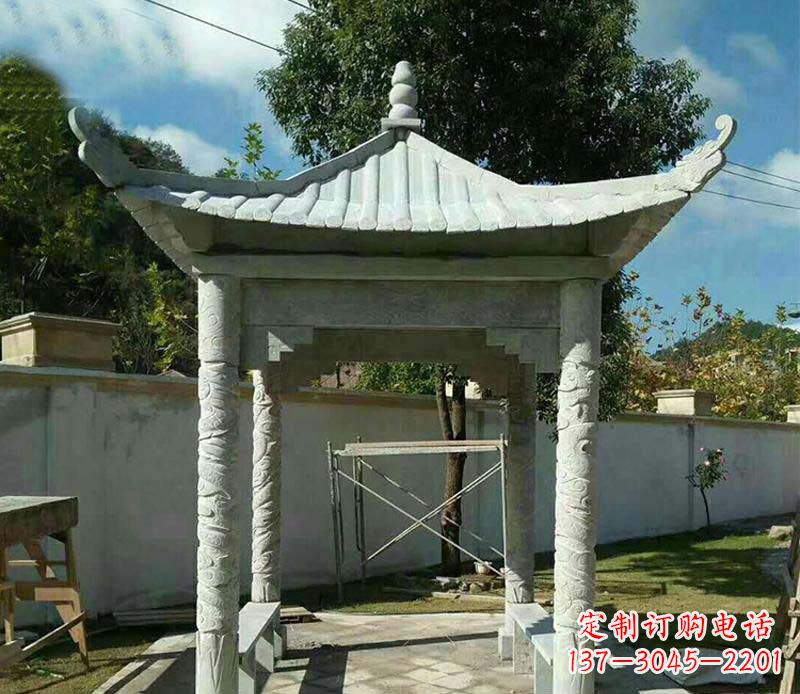 天津精美绝伦的青石单层四角凉亭雕塑