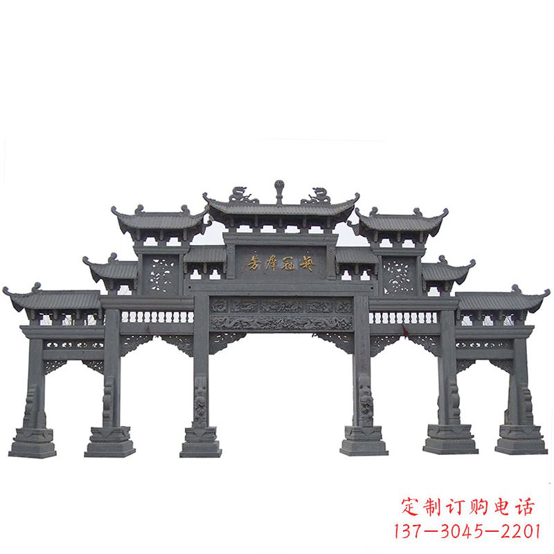 天津传承千年历史青石仿古五门石雕牌楼
