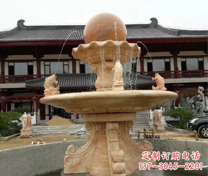 天津双层风水球喷泉晚霞红石雕