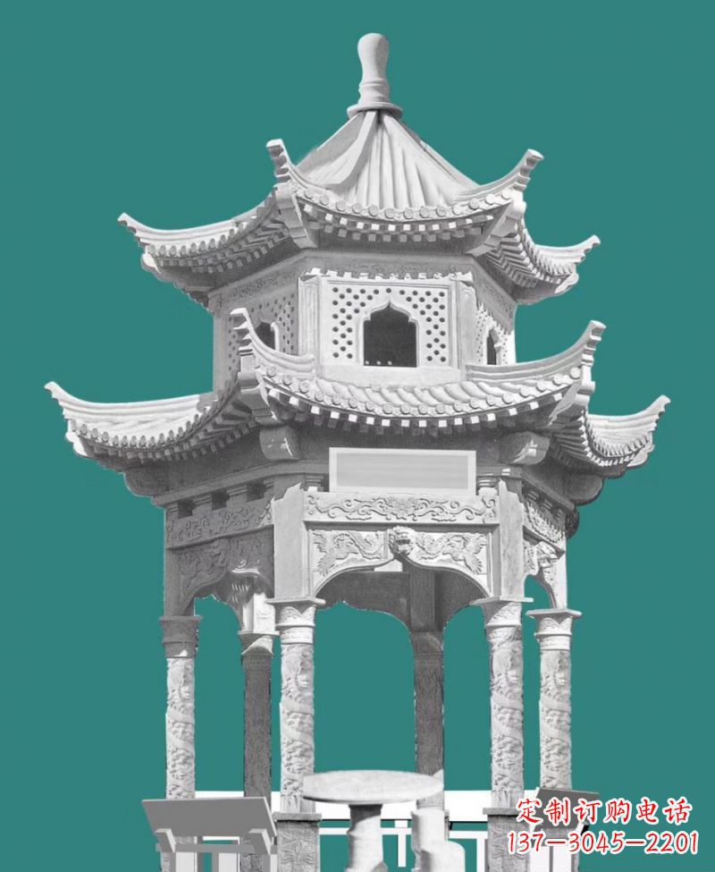 天津双层六角凉亭景观石雕