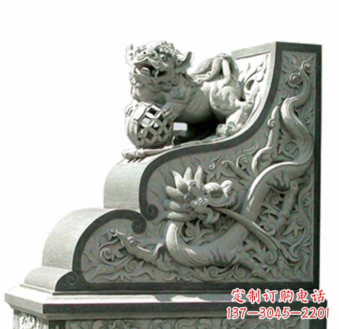 天津寺庙景观玩绣球狮子石雕门墩