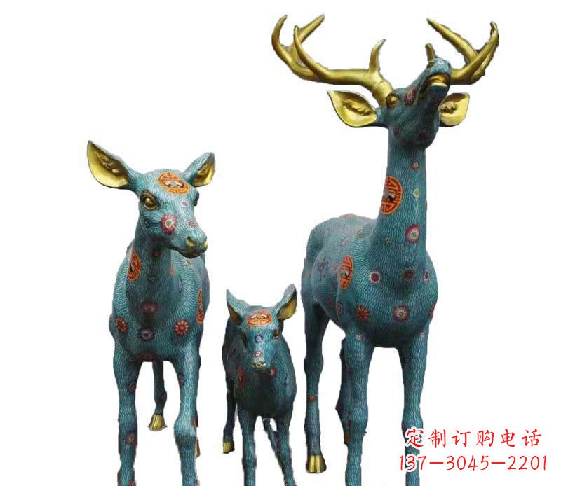 天津铜雕彩绘梅花鹿一家雕塑