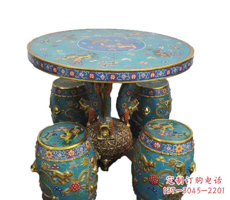 天津铜雕彩绘小象圆桌景观摆件