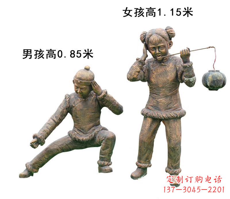 天津铜雕放鞭炮的儿童童趣雕塑