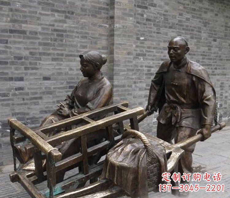 天津推独轮车的人物铜雕