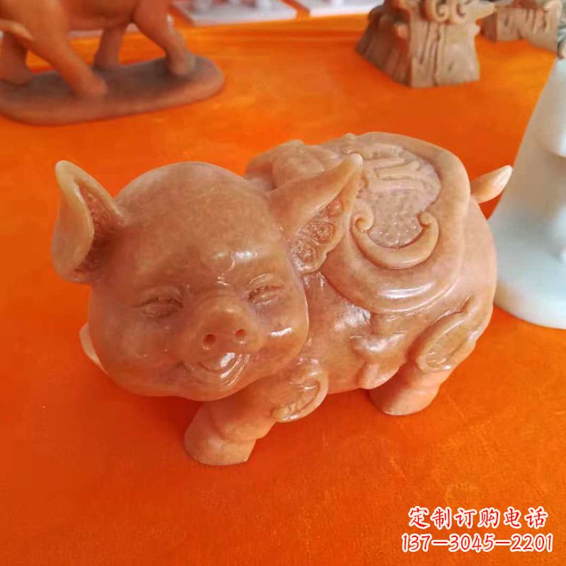 天津晚霞红大理石招财猪雕塑-企业商场创意生肖动物风水摆件