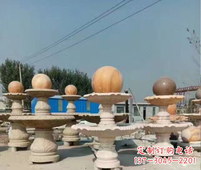 天津晚霞红多层风水球喷泉石雕