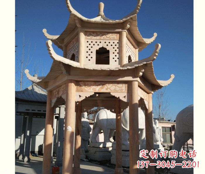 天津晚霞红公园双层六角凉亭石雕 (2)