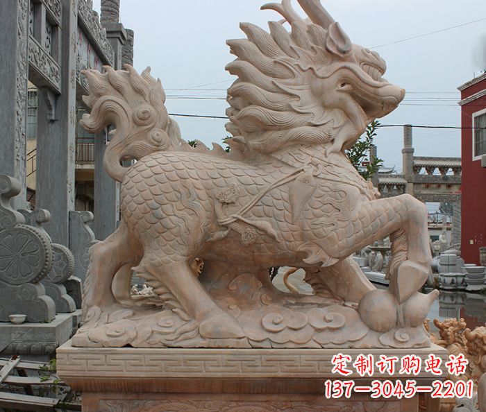 天津晚霞红古代神兽麒麟石雕