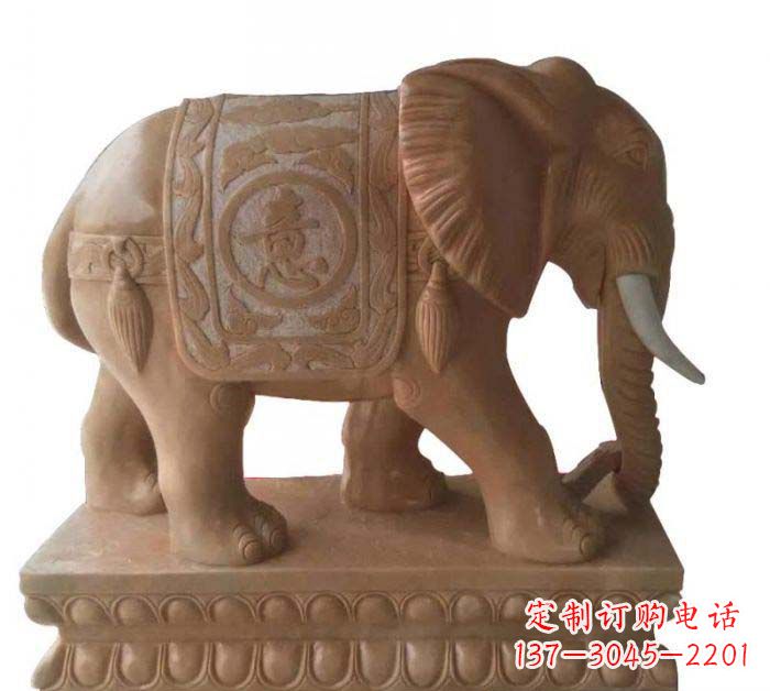天津晚霞红吉祥如意大象石雕 (2)