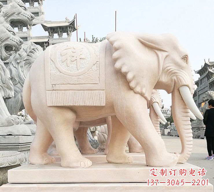 天津晚霞红吉祥如意大象石雕