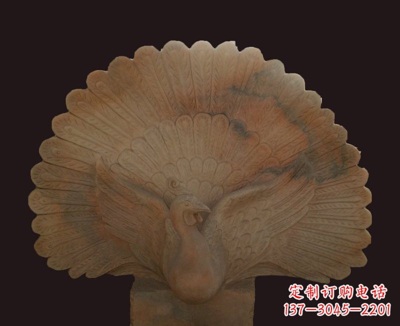 天津晚霞红开屏孔雀石雕