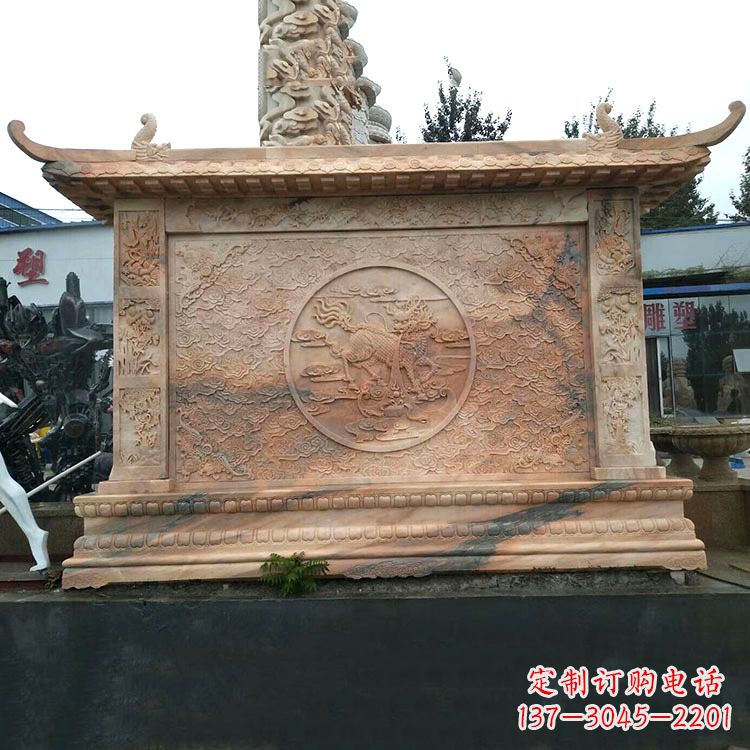 天津晚霞红麒麟影壁墙石雕