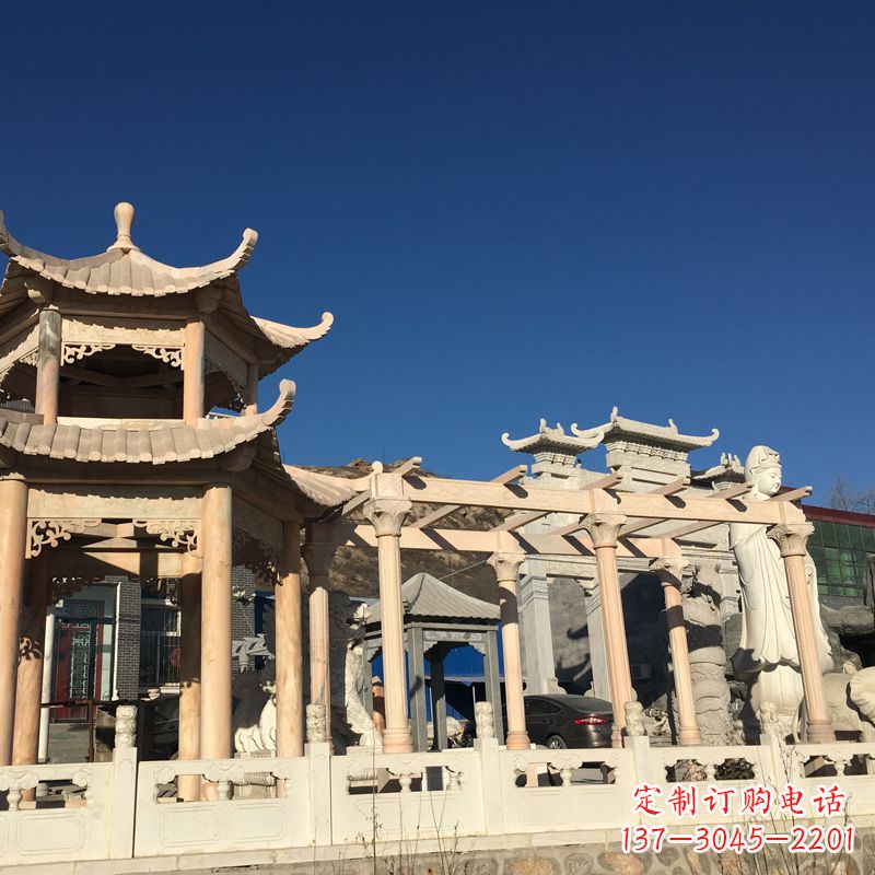 天津晚霞红石雕凉亭花架