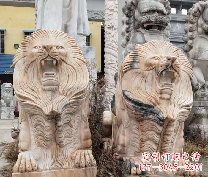 天津晚霞红石雕欧式石狮子