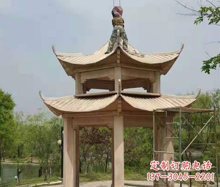天津晚霞红双层凉亭石雕 (2)