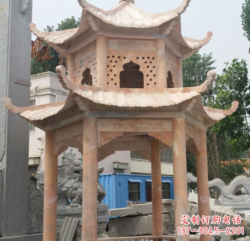 天津晚霞红双层六角凉亭石雕 (2)