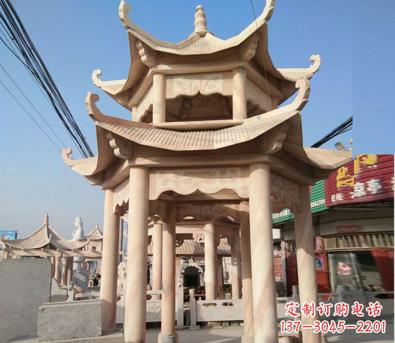 天津晚霞红双层六角凉亭石雕 (3)