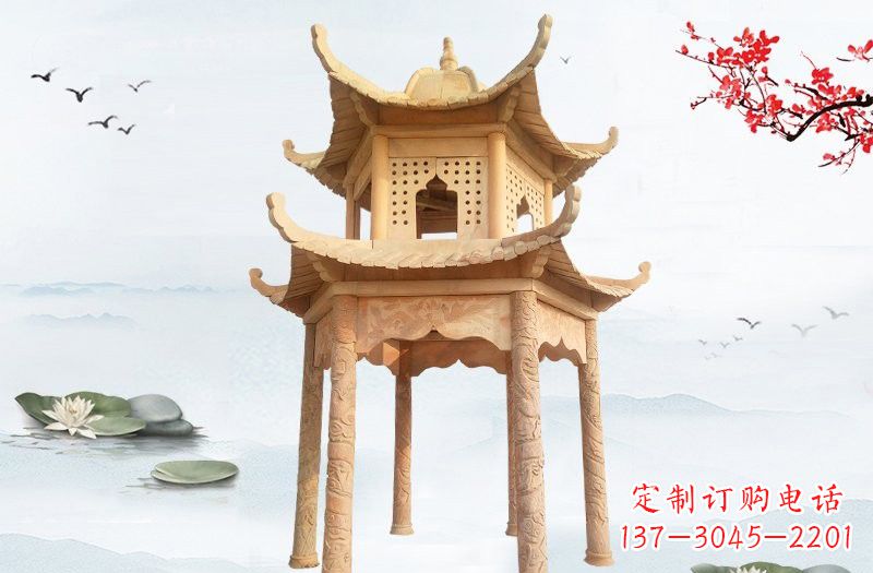 天津晚霞红双层六角凉亭石雕