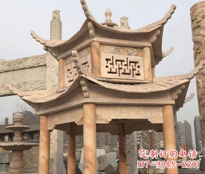 天津晚霞红双层石雕凉亭